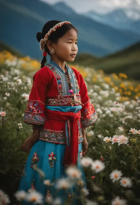 A cute 8-year-old Miao kid, wearing traditional silver jewelry and colorful embroidered clothing, stands amidst the blooming wildflowers. In the background, a misty blue mountain range extends towards the horizon, with Anne Leibowitzs memorable intimate wo...