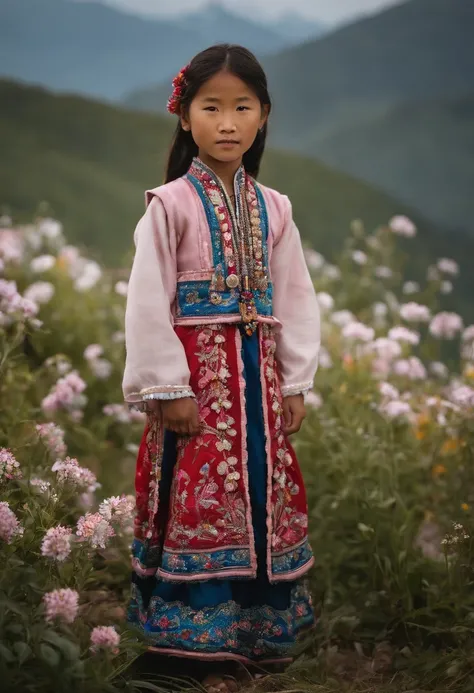 A cute 8-year-old Miao kid, wearing traditional silver jewelry and colorful embroidered clothing, stands amidst the blooming wildflowers. In the background, a misty blue mountain range extends towards the horizon, with Anne Leibowitzs memorable intimate wo...