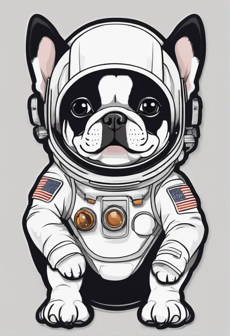 sticker design with outline, a cartoon and simple french Bulldog,french bulldog wear space suit, make funny face, vector, illustration, white background, quality 300 DPI.