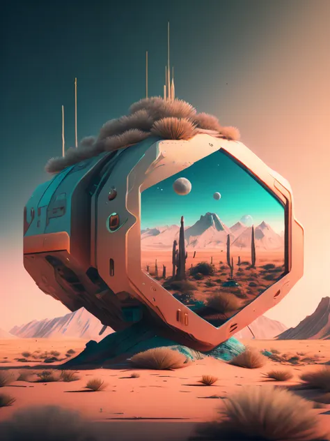 a strange looking object in the desert with mountains in the background and a sky background by beeple mike winkelmann