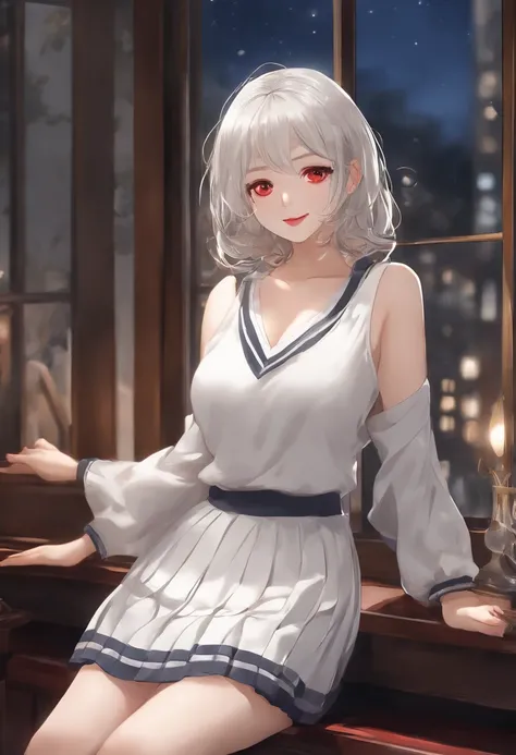 NSFW、​masterpiece、Top image quality、high detailing、Detailed beautiful face and eyes、(leaning forward:1.6)、abajour、window、(White Sleeveless Plain Sweater:1.2)、(nighttime scene:1.5)、nighttime scene、(Longhaire:1.2)、(Tsuriformes:1.4)、length hair、(red eyes:1.2)...