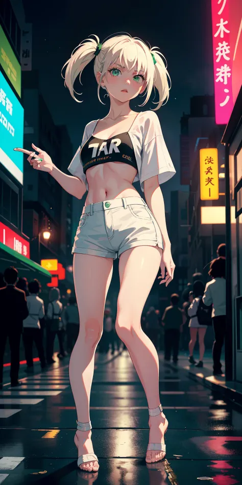 tmasterpiece， best qualtiy， NSFW， 1girll， platinum blond hair， short detailed hair， Green eyes， pigtails， Small lively breasts， Have on the street， the night， neonlight， white t - shirt， no-bra， White hot pants， Poker face， up front view， standing on your ...