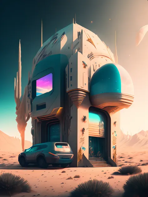 a house in the desert，mountains and sky background in the background by beeple mike winkelmann