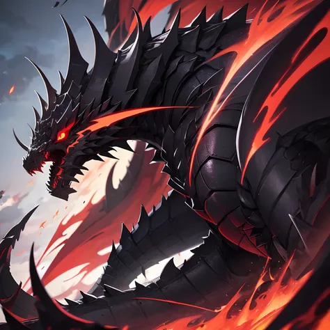 A colossal Black dragon with red eyes