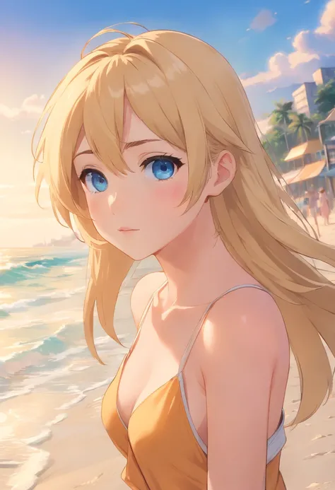 1 Girl  Blond Hair  Blue  eyes  Small boobs, cute face sexy pose  on the Beach, UHD, masterpiece, anatomically correct, textured skin, super detail, high details, high quality, best quality, highres, 8k