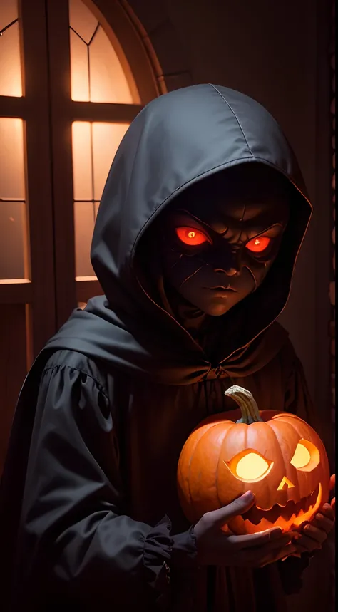 masterpiece, 1600s, (Night Shade), young humanoid, demon, character, horror, pumpkin head, dark, black hood, night time, glowing red eyes, cottage, dark room, shadow figure