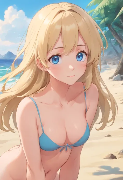 1 Girl  Blond Hair  Blue  eyes  Small boobs, cute face sexy pose  on the Beach, UHD, masterpiece, anatomically correct, textured skin, super detail, high details, high quality, best quality, highres, 8k