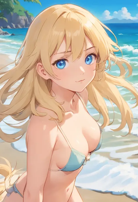 1 Girl  Blond Hair  Blue  eyes  Small boobs, cute face sexy pose  on the Beach, UHD, masterpiece, anatomically correct, textured skin, super detail, high details, high quality, best quality, highres, 8k