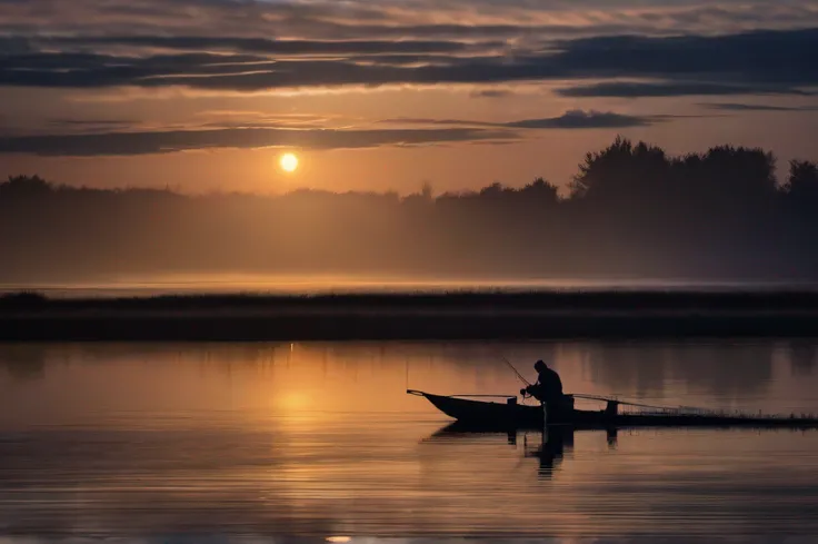 Editoreal photography, award winning photography. Silhoutte of old man sitting in a small fishing boat, sailing into the night, arora borealis shining in the night, its reflection on the water. Ultra UD 32k. --AR 16:9, -- chaos 1, --v 5., --s 1000, -q1, --...