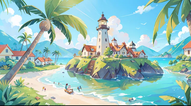 (best quality,4k,8k,highres,masterpiece:1.2),ultra-detailed,(realistic,photorealistic,photo-realistic:1.37),picture book illustration,ocean fantasy,watercolor illustration,extravagant and warm colors,village,houses,palm trees,huge lighthouse,highly detaile...