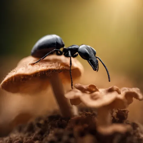 an ant on the top of mushroom