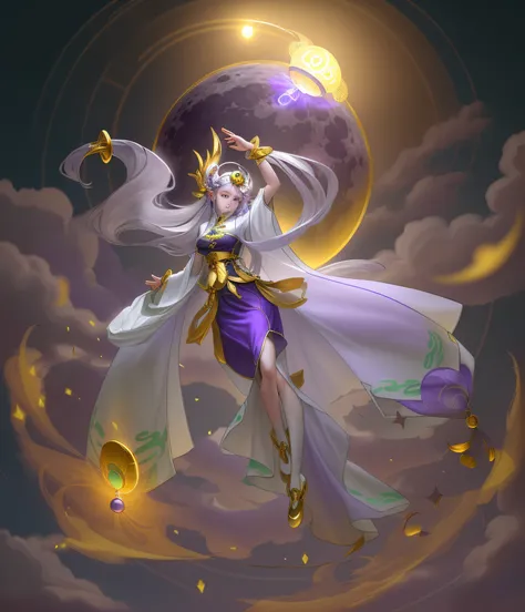 A teenage girl，whaite hair，God of the Moon，White, purple and green traditional Chinese clothing，Gold and silver accessories，Suspended in the air，Surround the lunar wheel behind the Method，When casting a spell attack, the energy of the moon wheel is shining...