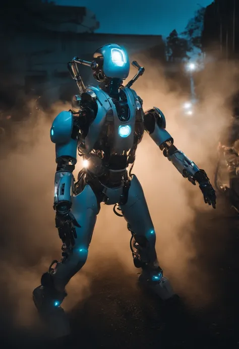 a person wearing a robot suit with 4 mechanical arms and blue glows surrounding them, the person wearing the robot suit is being beaten, (full body)