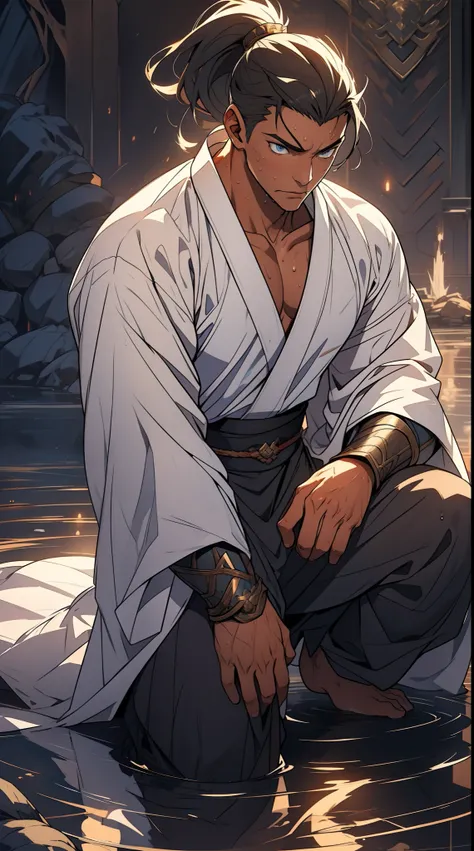 quadratic element，style of anime，mtu（Male Warrior），The proportions are correct，Face details，swordsmen，High ponytail hairstyle，Neck details，There is an Adams apple，White robe，kaftan，long white robe，clothes details，Handing over，longer sleeves，Game quality，Sw...