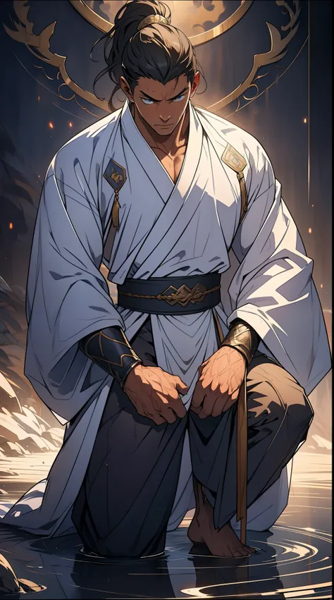 quadratic element，style of anime，mtu（Male Warrior），The proportions are correct，Face details，swordsmen，High ponytail hairstyle，Neck details，There is an Adams apple，White robe，kaftan，long white robe，clothes details，Handing over，longer sleeves，Game quality，Sw...