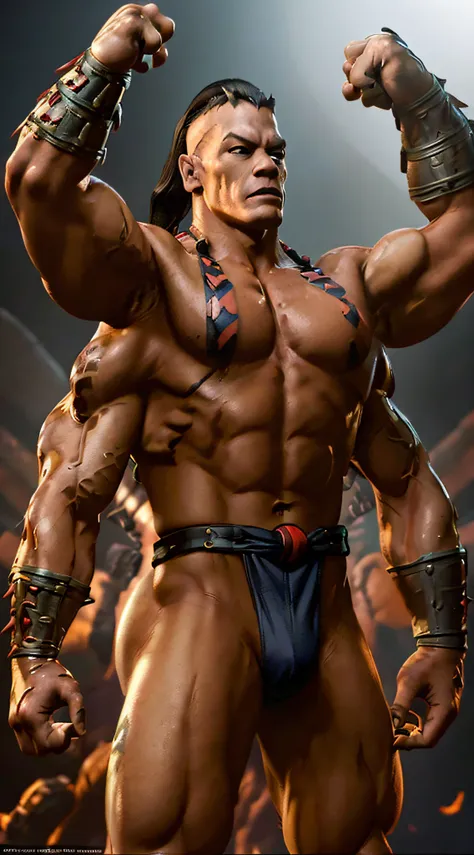 actor ((John Cena)) as ((Goro)) from Mortal Kombat, black ponytail, ((4arm):1.2), ((extra arms)), sharp and fanged teeth, naked torso, ((black loincloth)), on a battle arena, intricate, high detail, sharp focus, dramatic, photorealistic painting art by gre...