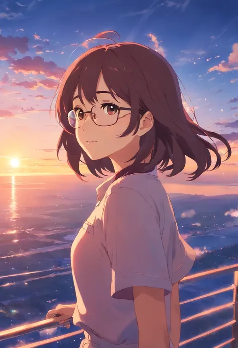 obra-prima, melhor qualidade, filme ainda, 1girl, garota nuvem, floating into the sky, close-up, brilhante, feliz, Soft lighting and Warm, sun sunset, (Sparks: 0,7),cabelo preto, round glasses,beijando menino de cabelo vermelho