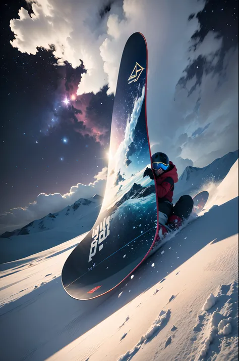 There is a picture of a snowboard launched from the clouds into the starry sky, Background blending，The dominant color has a reddish cast，The overall picture is red