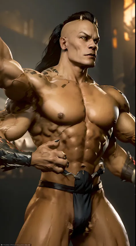 actor ((John Cena)) as ((Goro)) from Mortal Kombat, black ponytail, ((4arm):1.2), ((extra arms)), sharp and fanged teeth, naked torso, ((black loincloth)), on a battle arena, intricate, high detail, sharp focus, dramatic, photorealistic painting art by gre...