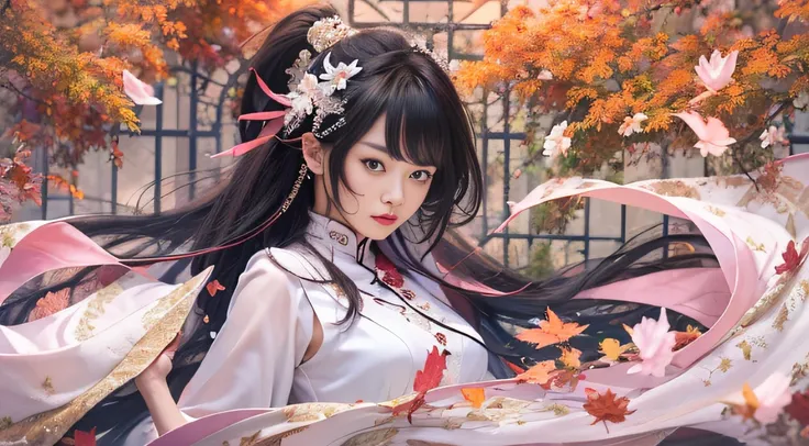 32K autumn view（tmasterpiece，k hd，hyper HD，32K）Long flowing black hair，ponds，zydink， a color， Autumn （Sensual girl）， （Blue and white silk scarf）， Combat posture， looking at the ground， long whitr hair， Floating hair， Carp pattern headdress， Chinese long-sl...