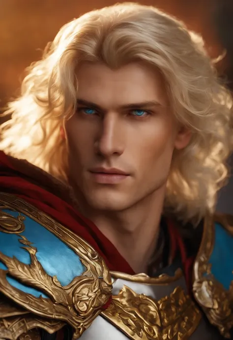 A blond man Aasimar paladin, with radiant eyes, dressed in full plate armor