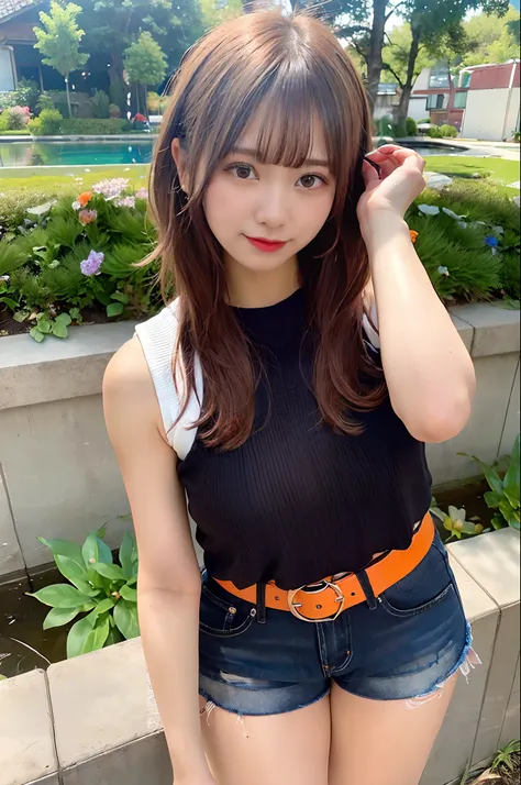 (sologirl,Dojo Character.Light brown and orange two-tone shorthair,Floating hair,Ahoge,Unkempt hair,Red cheeks,red lipsticks,Red Eyeliner.Oversized tank top with loose neck,Oversized shorts.Thin belt,),Bend down and pick flowers,A smile that captivates the...