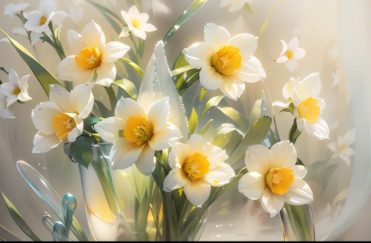 there are many white and yellow flowers in the vase, daffodil, big breasts beautiful, clear detail, brilliant, tmasterpiece，two-...