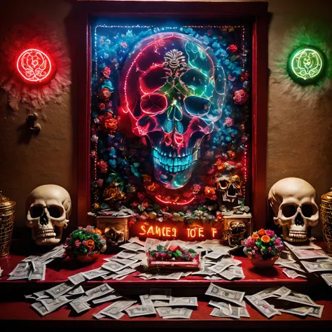 Altar de la Santa Muerte en un buro con muchos billetes como ofrenda, The environment is a house of a typical Mexican neighborhood of a rural urban area, Various red daytime running lights neon sign in the shape of skull dust particles, veladoras, profesio...