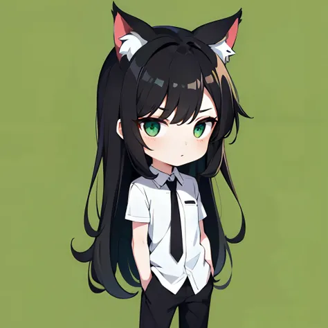 black hair, white skin skin, green eyes, cat ears, chibi, grimalkin, oval eyes . tied shirt, official pants, hairlong