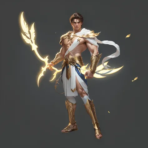 Close-up of a man holding a glowing bow and arrow, the greek god, Heroes, Greek gods, elves, heroes, character art, The angry god Apollo, hero character, muscular male hero, t-pose of male magic wizard, attractive male deity