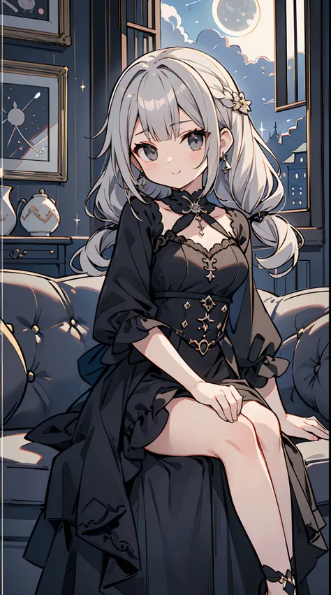 Best Quality, masutepiece, 1girl in, my, (slender:1.3), medium breasts, (Gray hair:1.3), Wavy Hair, (oblique bangs:1.3), (Twin-tailed:1.3), (Detailed black eyes:1.3), Sense of depth, earrings, lightsmile, (Moonlight penetrates the clouds:1.1), (Lunar sky:1...