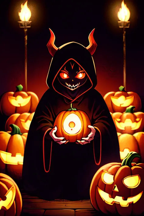 masterpiece, 1600s, (Night Shade), young humanoid, demon, character, horror, pumpkin head, dark, black hood, night time, glowing red eyes, cottage, dark room, shadow figure