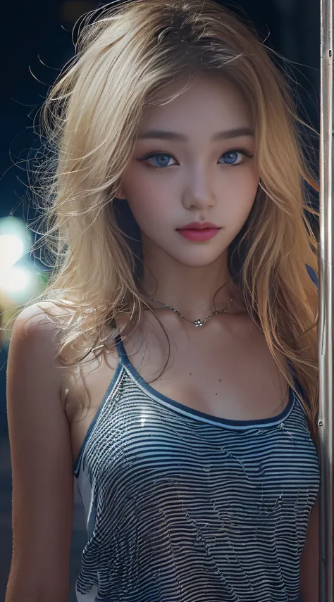 (taking selfies, Overhead view: 1,4), (straight half of the torso: 1,4), Portrait photo of an 18-year-old blonde in RAW UHD format (Blue-eyed girl), Walk down the dark alley, naked breasts, little chest, night city, in detail (textures!, hairsh!, glisterin...