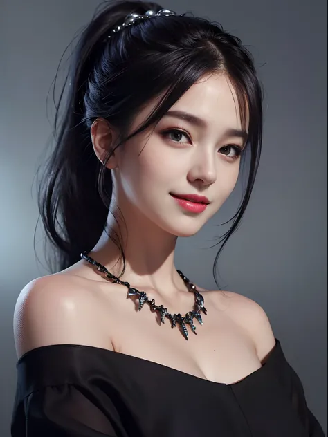 Top Quality, Masterpiece, Ultra High Definition, (Photorealistic: 1.4), Raw Photo, 1 Girl, Off Shoulder, ((((Dark)))), (Deep Shadow)))), ((Low Key)), (((Cold Light)), Black Hair Ponytail, Hair Ornament, Necklace, Smile