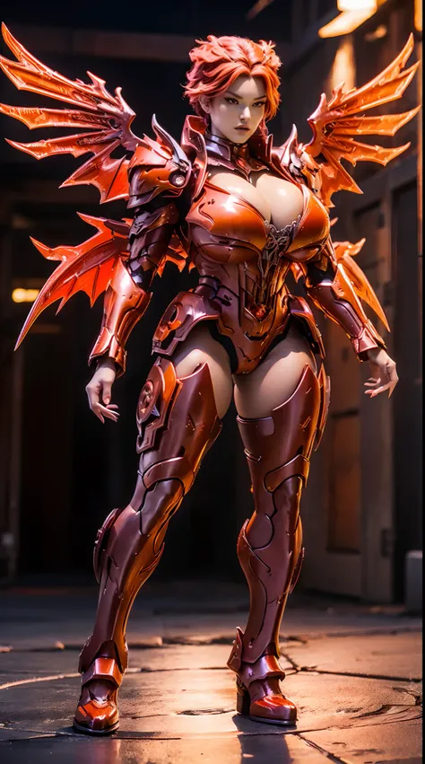 HUGE BOOBS, FIRE PHOENIX, MECHA ARMOR FULL SUIT, (CLEAVAGE), (A PAIR LARGEST WINGS), TRANSPARANT, TALL LEGS, STANDING, SEXY BODY, MUSCLE ABS.