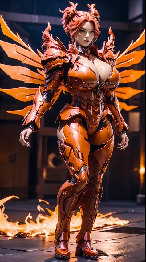 HUGE BOOBS, FIRE PHOENIX, MECHA ARMOR FULL SUIT, (CLEAVAGE), (A PAIR LARGEST WINGS), TRANSPARANT, TALL LEGS, STANDING, SEXY BODY, MUSCLE ABS.