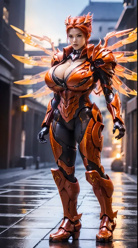 HUGE BOOBS, FIRE PHOENIX, MECHA ARMOR FULL SUIT, (CLEAVAGE), (A PAIR LARGEST WINGS), TRANSPARANT, TALL LEGS, STANDING, SEXY BODY, MUSCLE ABS.