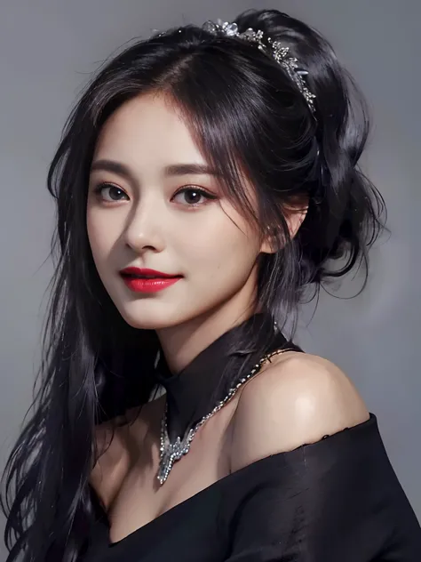 Top Quality, Masterpiece, Ultra High Definition, (Photorealistic: 1.4), Raw Photo, 1 Girl, Off Shoulder, ((((Dark)))), (Deep Shadow)))), ((Low Key)), (((Cold Light)), Black Hair Ponytail, Hair Ornament, Necklace, Smile