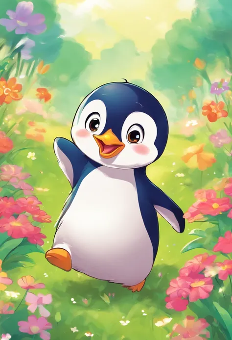 A penguin is running in the field, picture book-style, cute little, For children, bright colour, fluffly, a smile