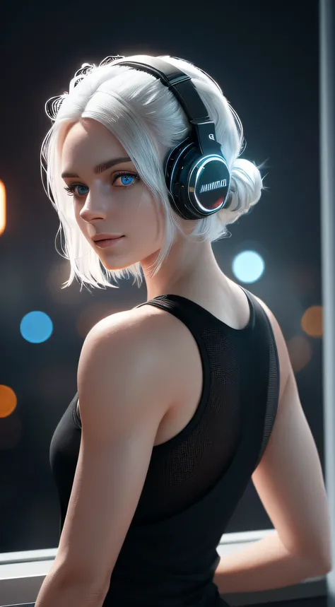 (on the moon, space, looking back into earth), white hair, black tank top, volumetric lighting, white jacket, glowing headphone, cyberpunk, futuristic, multi-color eyes, detailed eyes, hyper detailed,light smile,

highly detailed, beautiful, small details,...