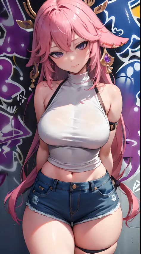 Yae Miko|genshin impact, master-piece, bestquality, 1girls,25 years old, shorts jeans, Beautiful breasts, bara, Long Jeans, (Graffiti:1.5), Splash with purple lightning pattern., arm behind back, against wall, View viewers from the front., Thigh strap, Hea...