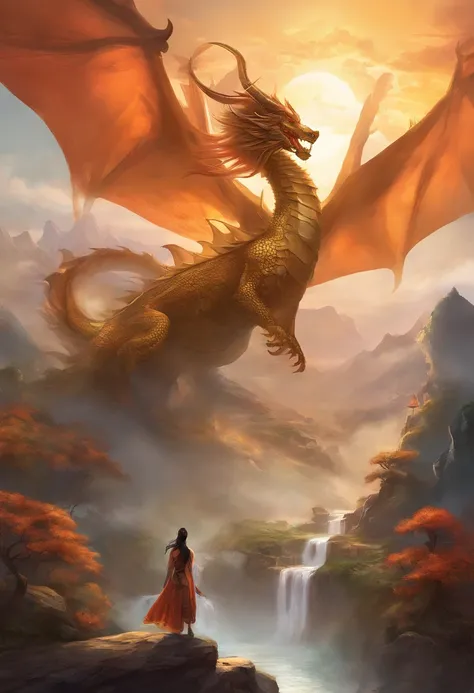 mont々Painting of a Chinese dragon circling between，With the dragon as the main background，There are clouds，There are mountains，Flying in the sky（Chinese Dragon：1.5），highly detailed fantasy art，hyperrealistic d & d fantasy art，hero, Artstation contest winne...