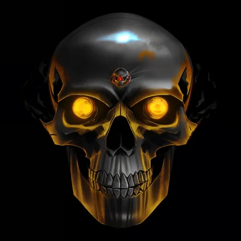 a close up of a skull with glowing eyes on a black background, metal skull with red eyes, sacred skull, fantasy skull, metal and glowing eyes, detailed glowing head, fiery skull contemplating life, glowing third eye, of spiked gears of war skulls, alien sk...