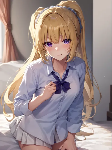 best quality, 8k, in bed, yellow hair, purple eyes, white shirt and no bra, anime visual of a cute girl, cute expressive face, s...