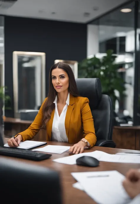 profissional, (Foto 4k:1.1), High detail, Mulher Latina, Wear business clothes, Rosto bonito e detalhado, cabelos castanhos, not too long, Forma do corpo, Office meeting room with desk