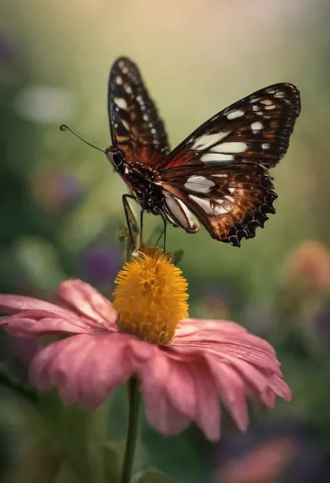 butterfly, Futoristic, Poured  , sparkles against the background of a flower, Virgin