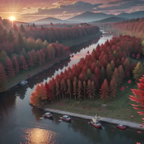 (The twilight of autumn),((The sun is about to set)),(Fiery red clouds:1.4),sun shining through clouds,(The irradiated cloud turns red),(The red maple leaves on the riverbank glow in the sun:1.6),(The banks of the river are covered with white daisies:1.2),...