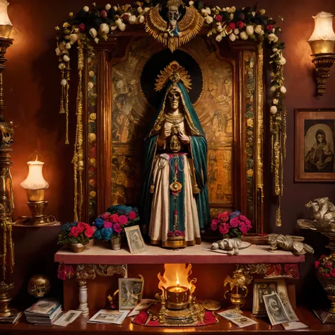 Altar de LA SANTA MUERTE en un buro de una casa típica mexicana de los 80s por la noche iluminado con veladoras de ofrenda Pesos mexicanos billetes de 500 pesos armas de fuego gloc ,que los rostros sean craneos, cuerpo esqueleto