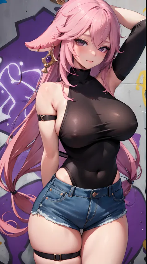 Yae Miko|genshin impact, master-piece, bestquality, 1girls,25 years old, shorts jeans, Beautiful breasts, Long Jeans, (Graffiti:1.5), Splash with purple lightning pattern., arm behind back, against wall, View viewers from the front., Thigh strap, Head tilt...