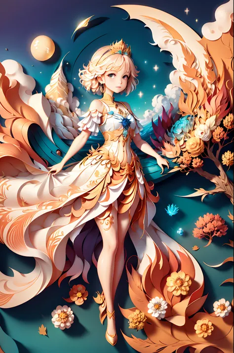 （（（tmasterpiece））），best qualtiy，illustratio，Beautiful detail glow，autumnal，eventide，riverbank，Beauty
Paper_cut， simple backgound， full bodyesbian， Eau， Clouds， Colorful， florest background，  fanciful， Pedras preciosas， tiara crown， （1girll）， 独奏，